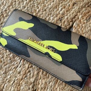 Michael Kors Neon Yellow & Olive Camouflage Zip Continental Wallet
